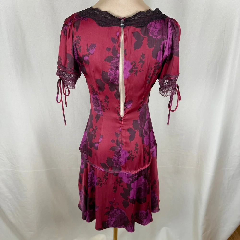 NWT Free People Jos Printed Satin Mini Dress Berry Combo Lace XS FLAWS
